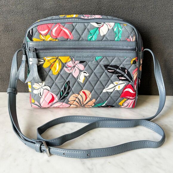 Vera Bradley Coastal Paradise Crossbody Bag Purse & Matching Wallet Grey Floral - Picture 2 of 9